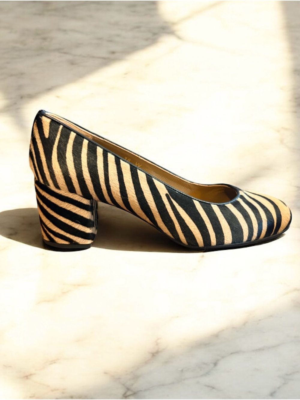 NWOB Margaux Black & Tan Zebra-Print Block Heel Haircalf Pumps - Sz 38W.